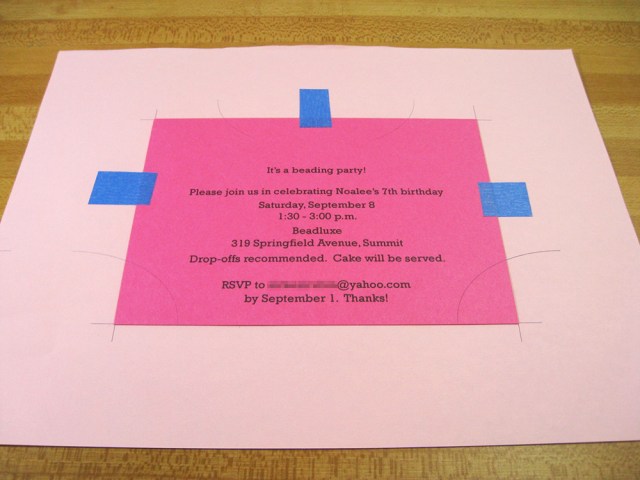 Pink invitation taped to plain paper template